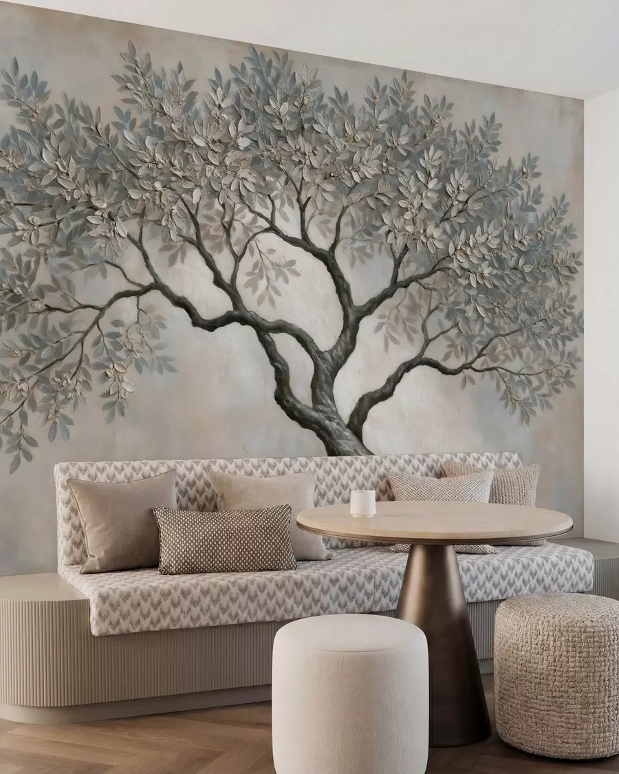 wall murals Tree in oil painting style in calm natural gray-beige tones w09919