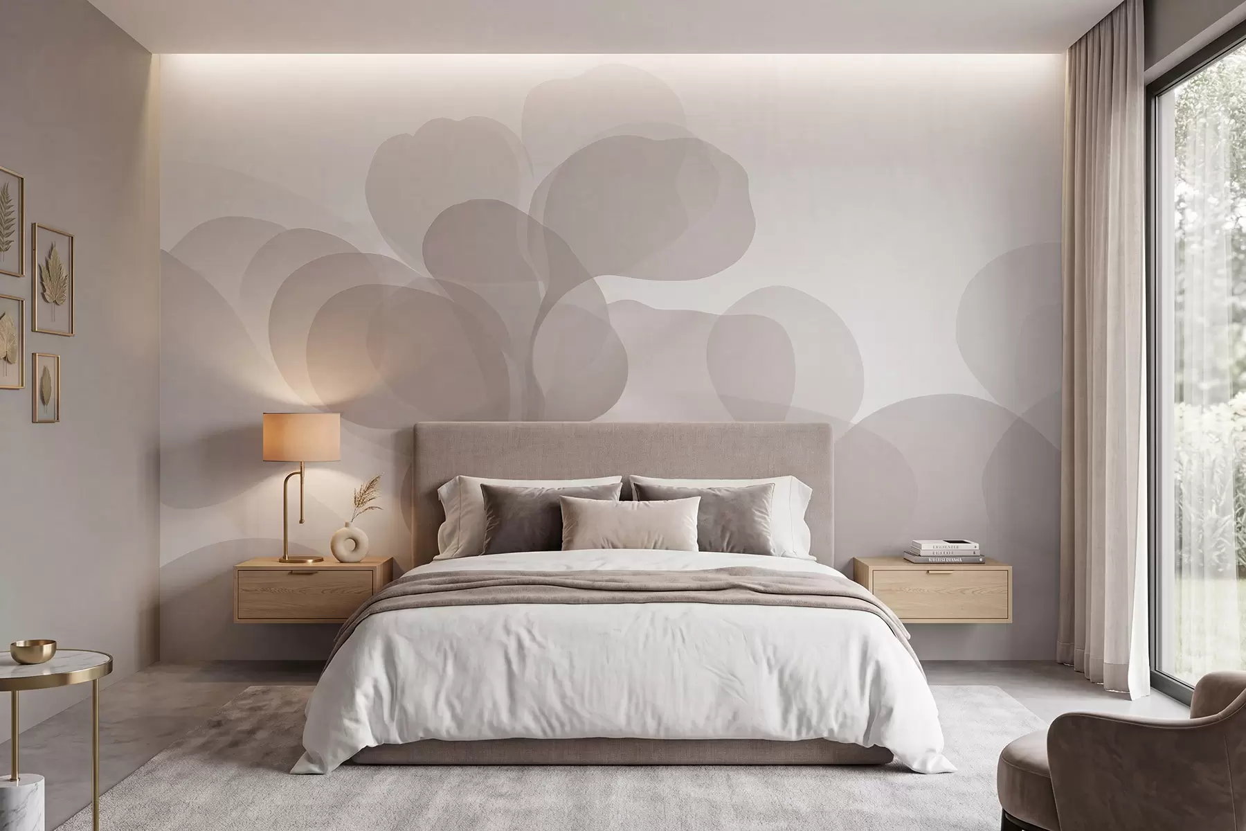 wall murals Semi-transparent abstract botanical silhouettes in warm beige tones w09925