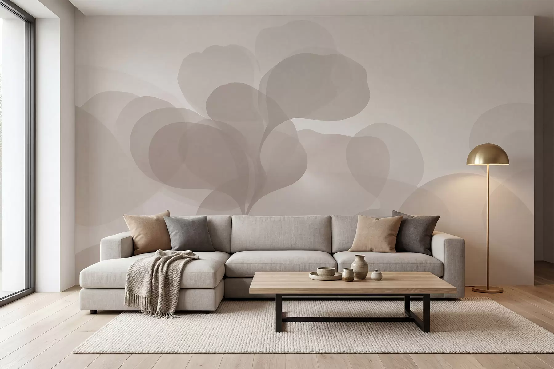 wall murals Semi-transparent abstract botanical silhouettes in warm beige tones w09925