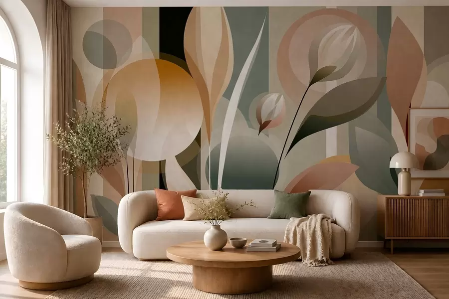 wall murals a stylised abstraction featuring plants in natural colours w05750