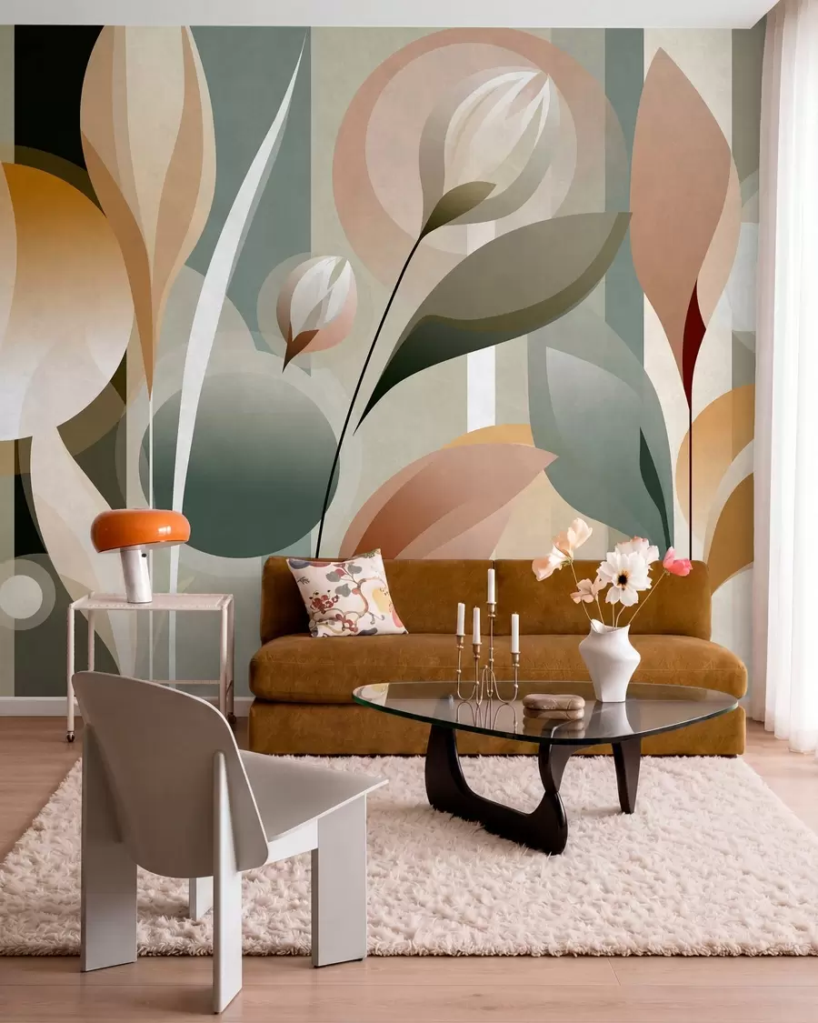 wall murals a stylised abstraction featuring plants in natural colours w05750