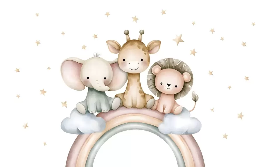 wall murals a rainbow with animals amongst the stars, in a watercolour style w05752