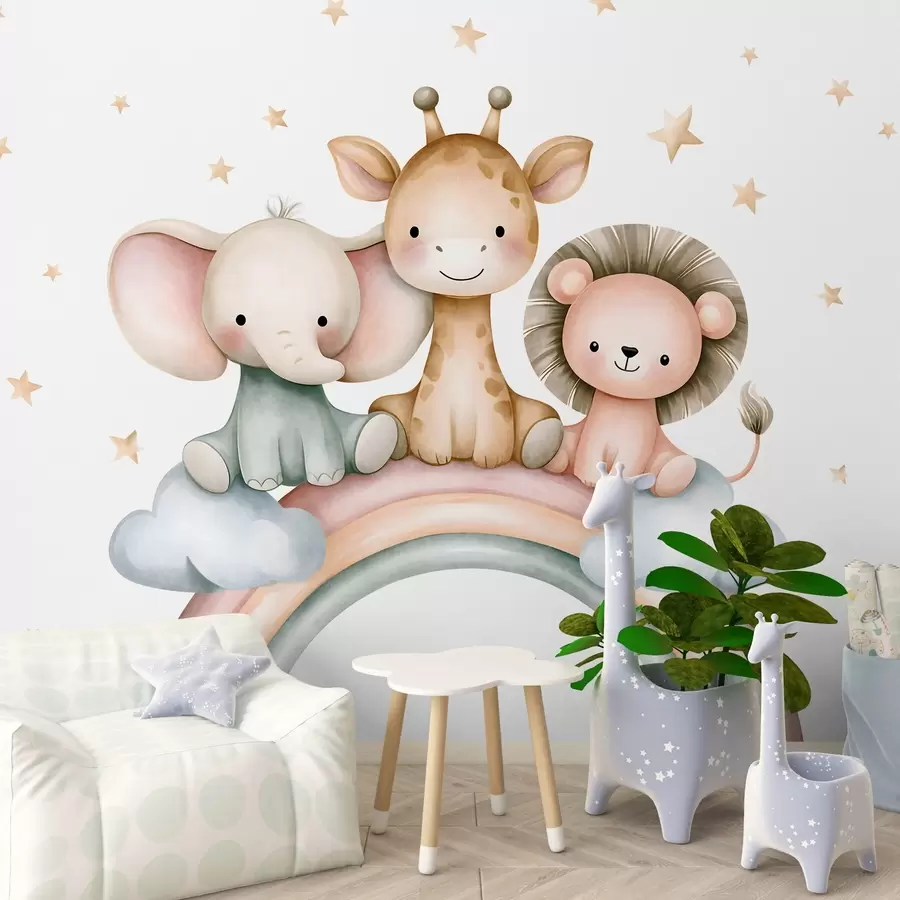 wall murals a rainbow with animals amongst the stars, in a watercolour style w05752