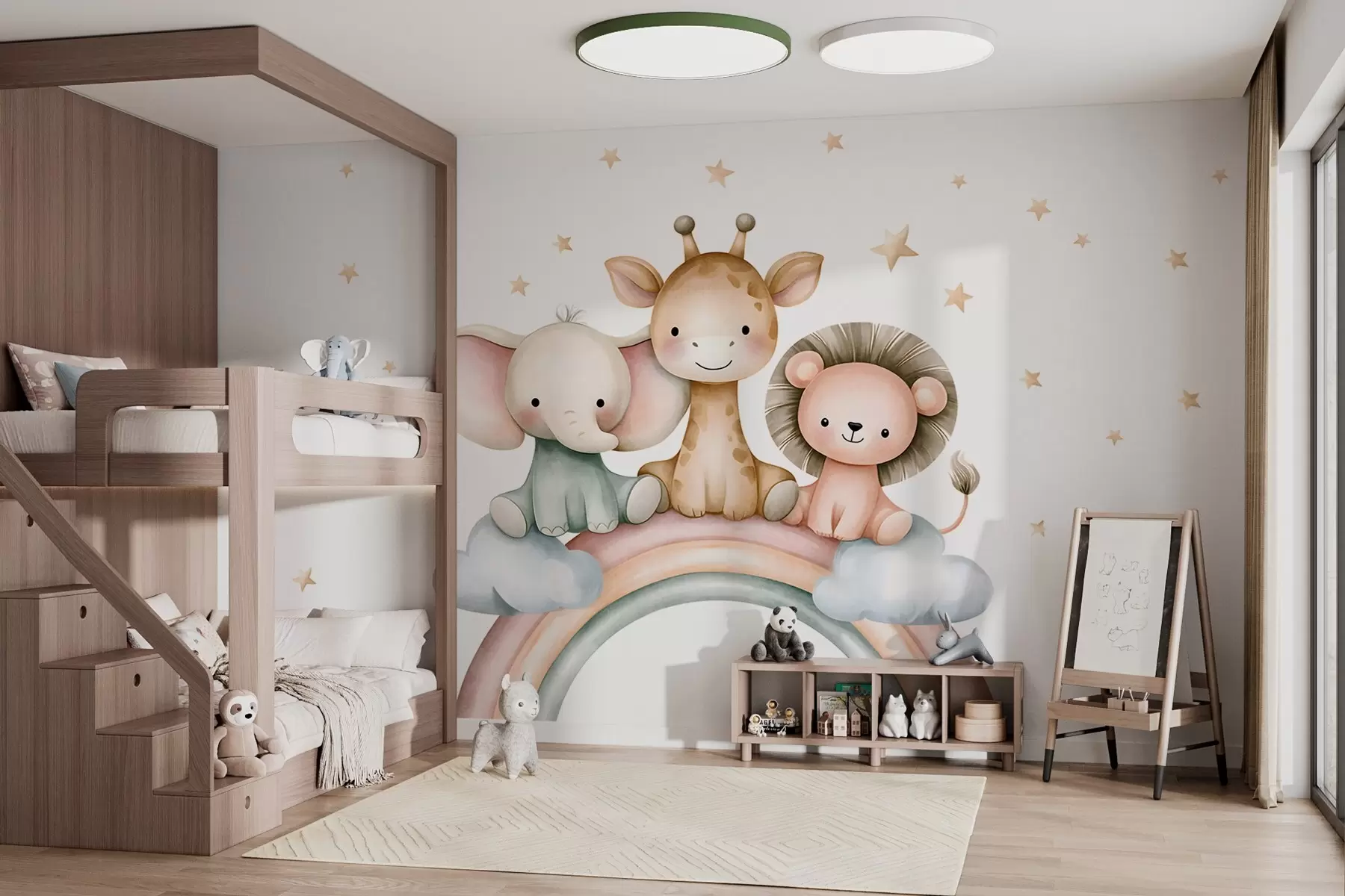 wall murals a rainbow with animals amongst the stars, in a watercolour style w05752