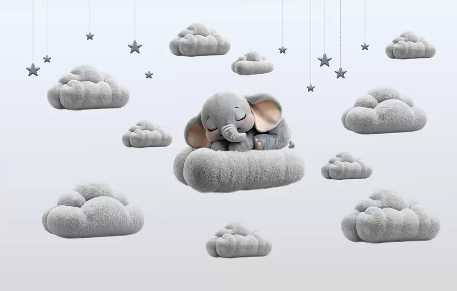 wall murals a cute little elephant in 3D style, sleeping amongst fluffy clouds w05754