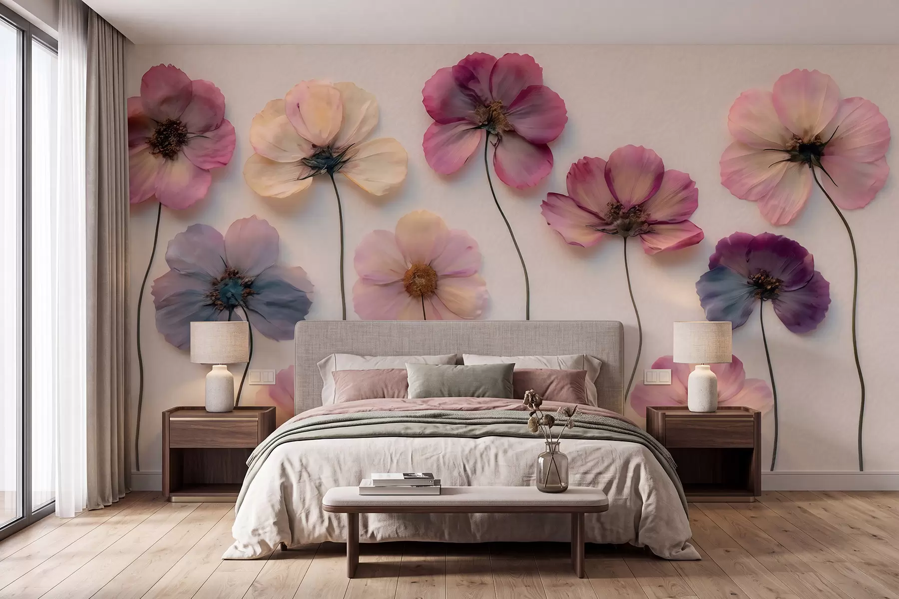 wall murals Herbarium composition with pressed flower effect and 3D texture w09911