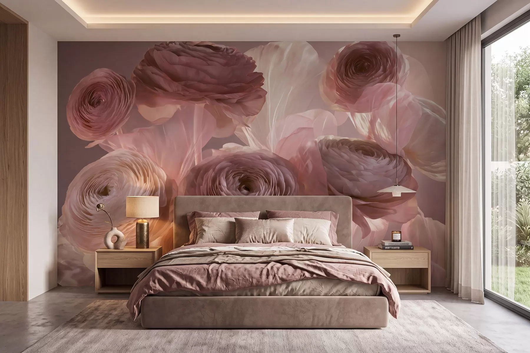 wall murals Large artistic ranunculus flowers in soft pink and cream tones w09921