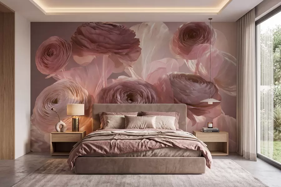 wall murals Large artistic ranunculus flowers in soft pink and cream tones w09921