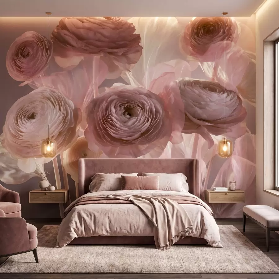 wall murals Large artistic ranunculus flowers in soft pink and cream tones w09921