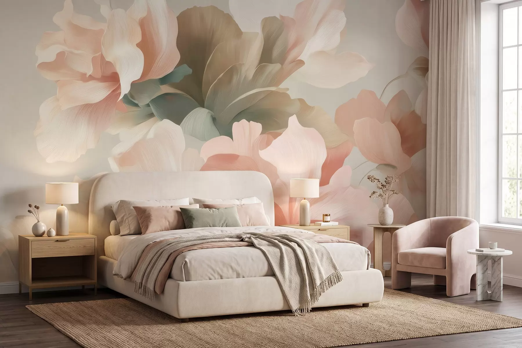 wall murals Large artistic flowers in soft pastel shades of cream, pink, and green w09935