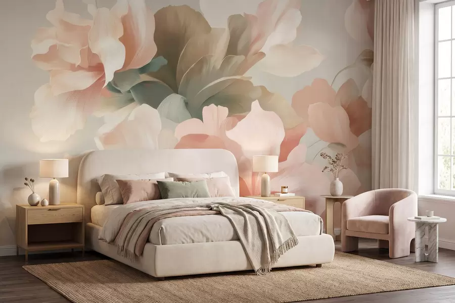 wall murals Large artistic flowers in soft pastel shades of cream, pink, and green w09935