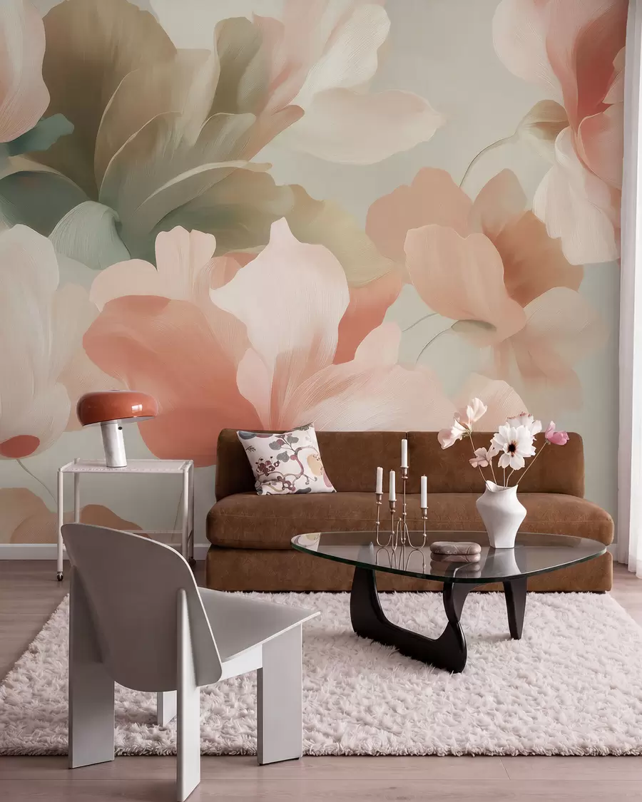 wall murals Large artistic flowers in soft pastel shades of cream, pink, and green w09935