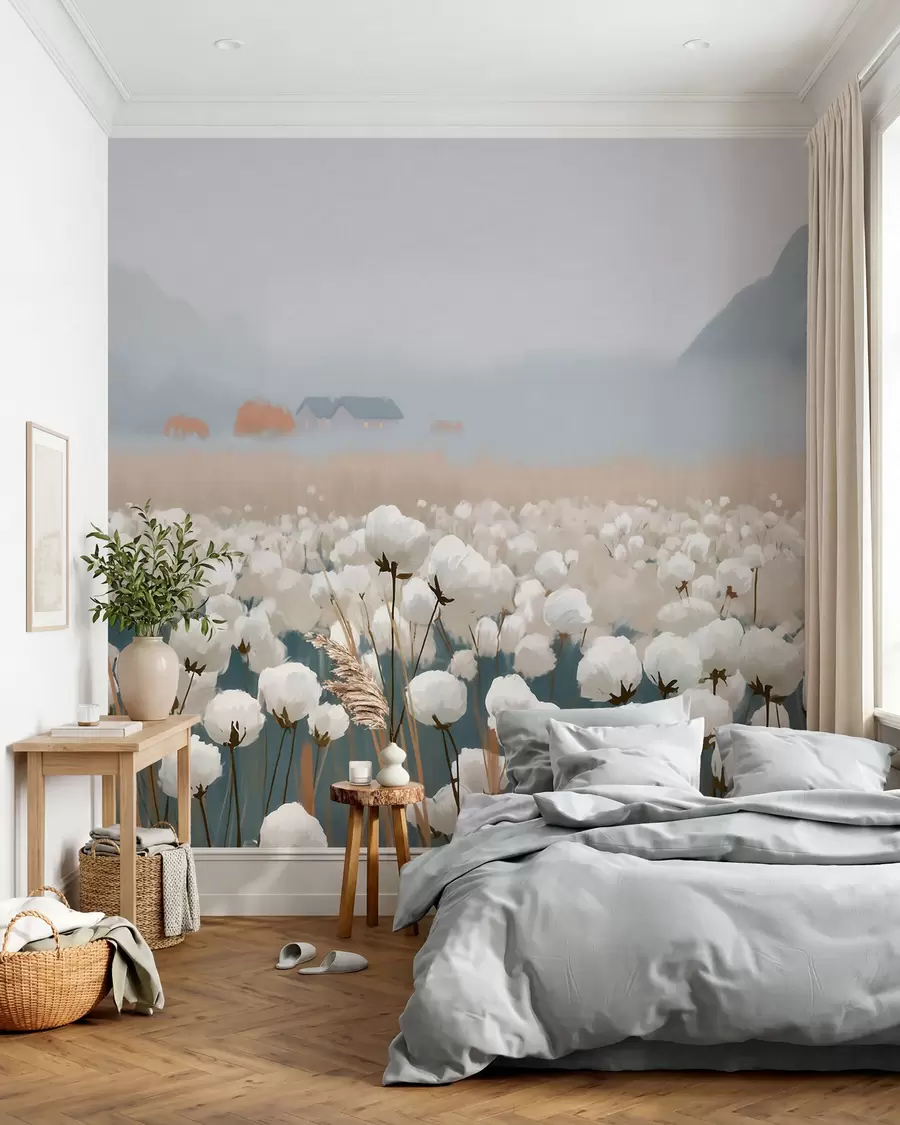 wall murals Cotton field in a misty northern landscape, painterly style w09934