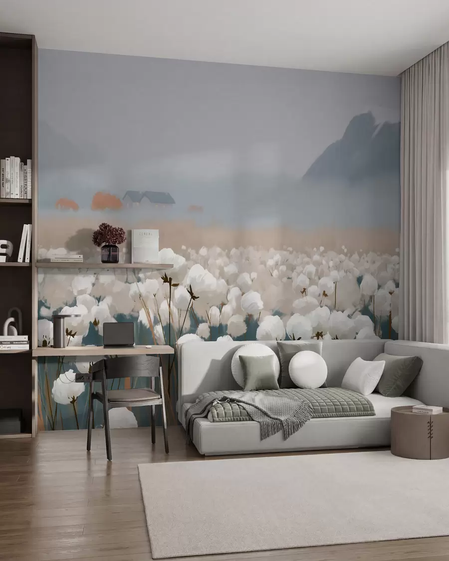 wall murals Cotton field in a misty northern landscape, painterly style w09934