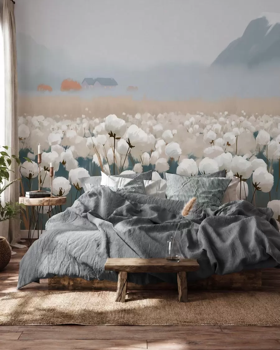 wall murals Cotton field in a misty northern landscape, painterly style w09934