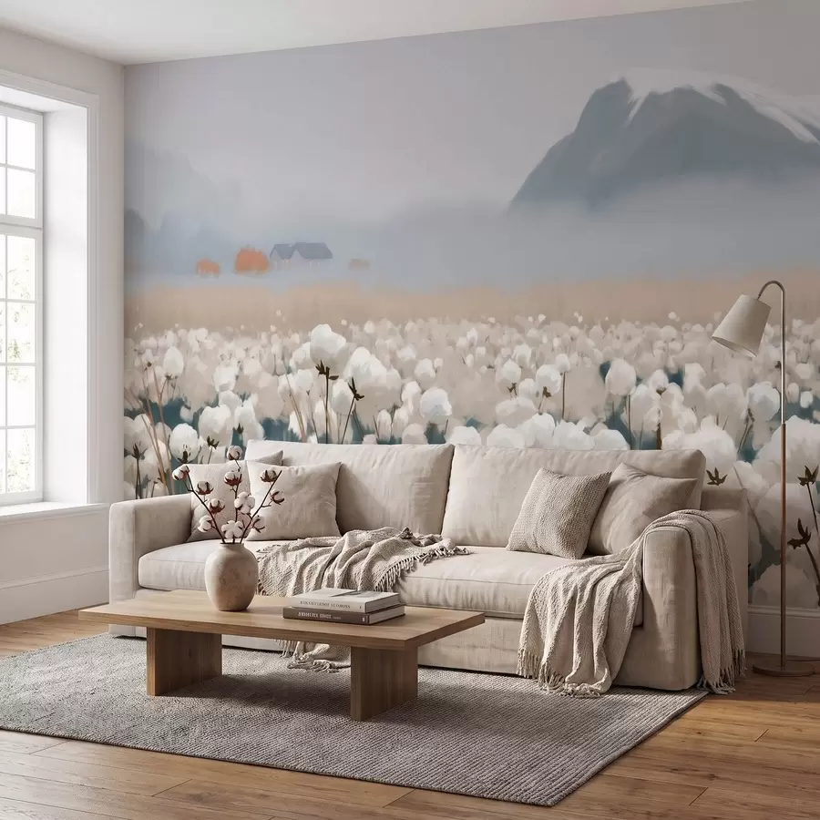 wall murals Cotton field in a misty northern landscape, painterly style w09934