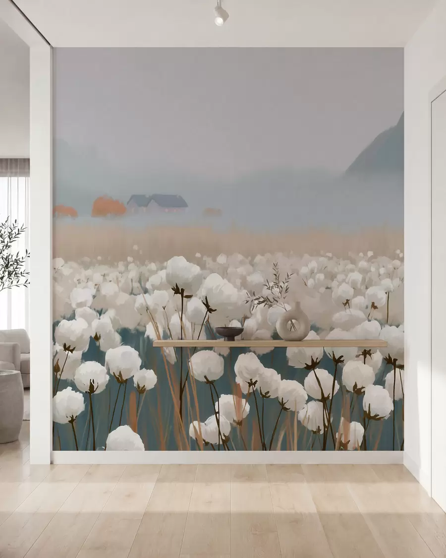 wall murals Cotton field in a misty northern landscape, painterly style w09934