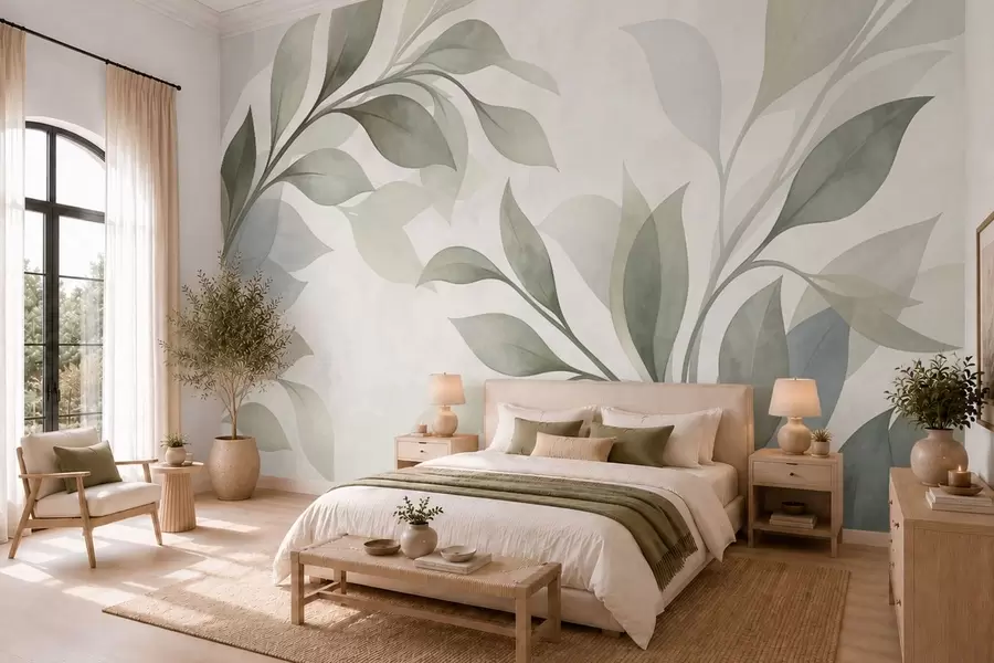 wall murals Large leaves in soft green and blue tones w05693