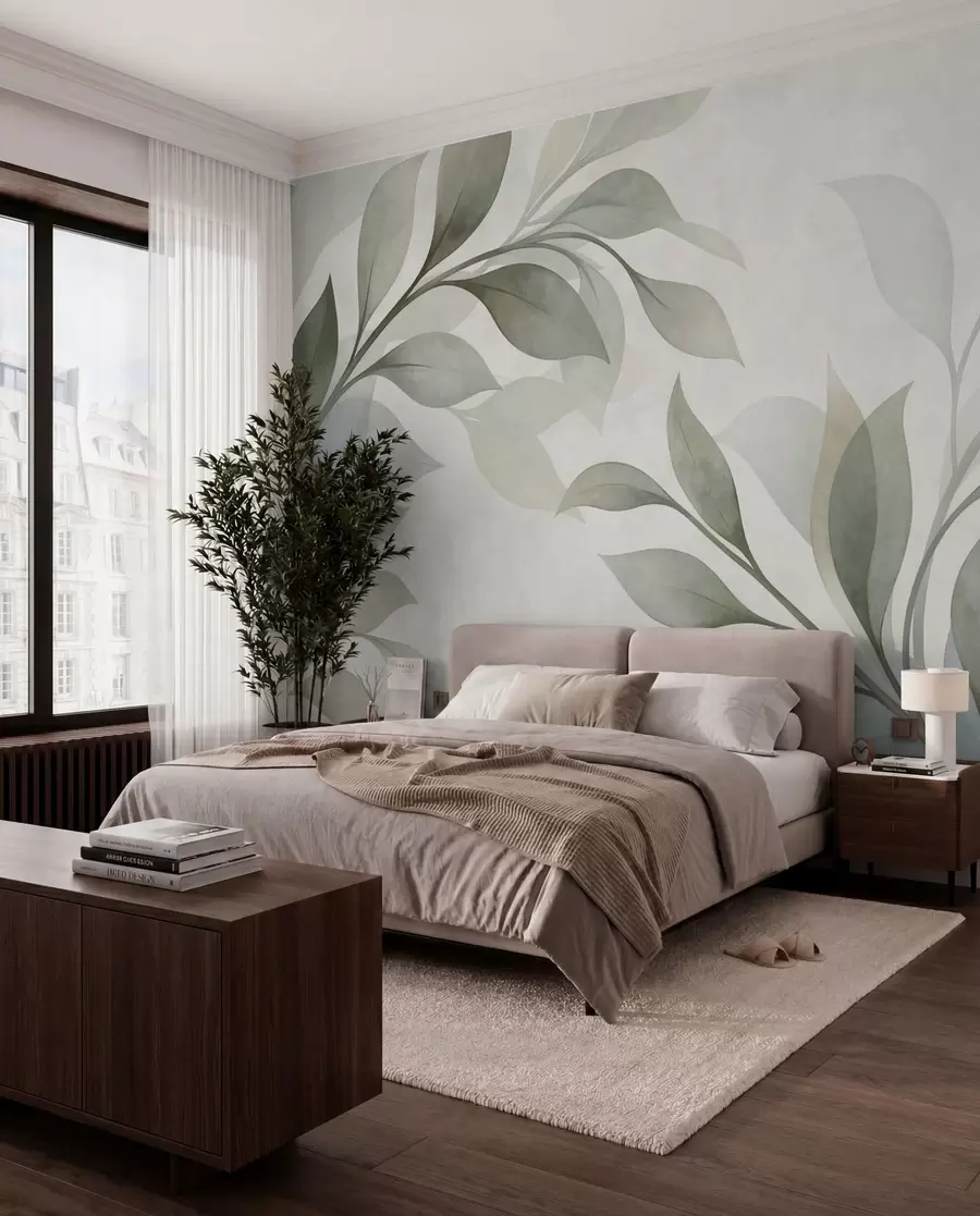 wall murals Large Leaves in Blue and Green w05693