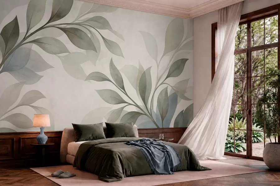 wall murals Large leaves in soft green and blue tones w05693