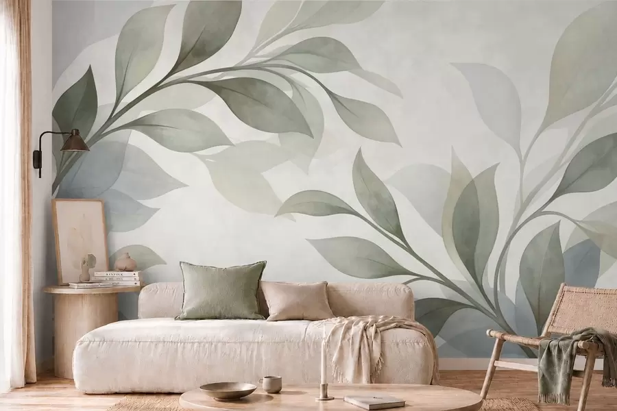 wall murals Large leaves in soft green and blue tones w05693