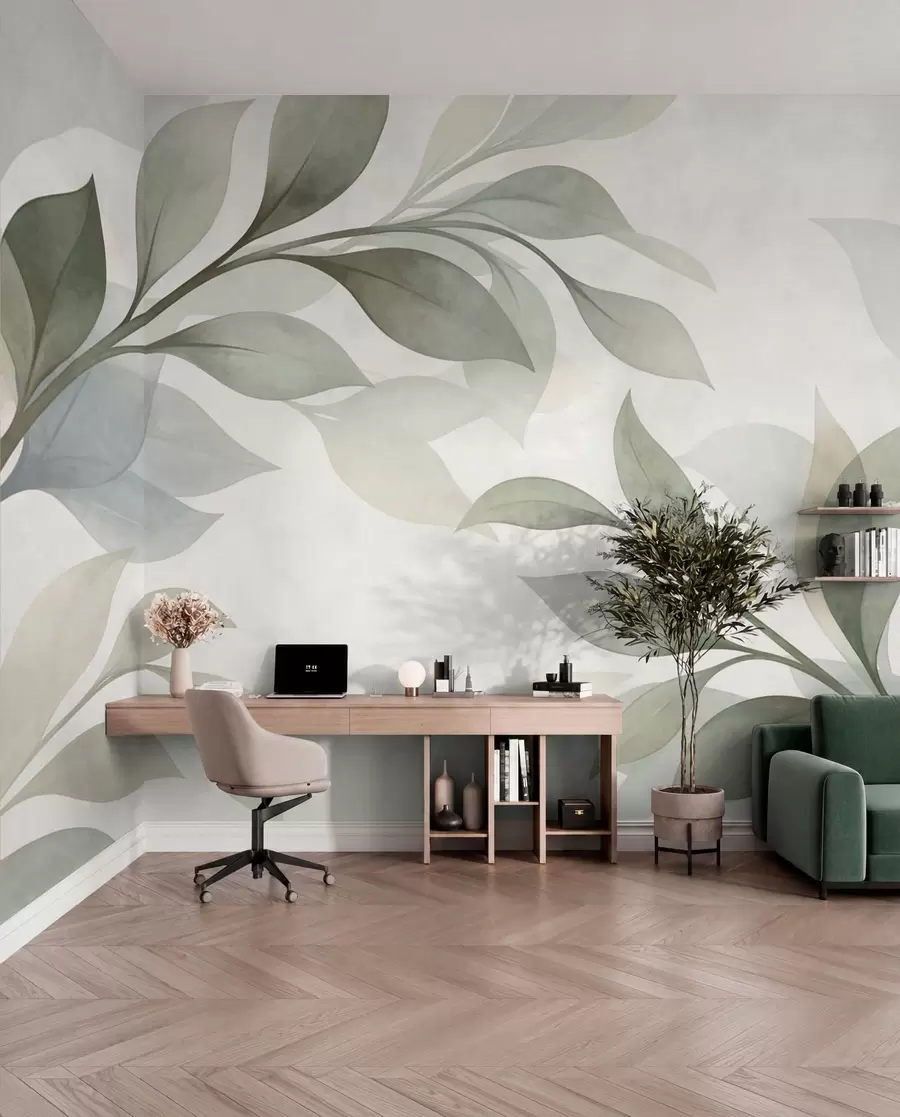 wall murals Large leaves in soft green and blue tones w05693