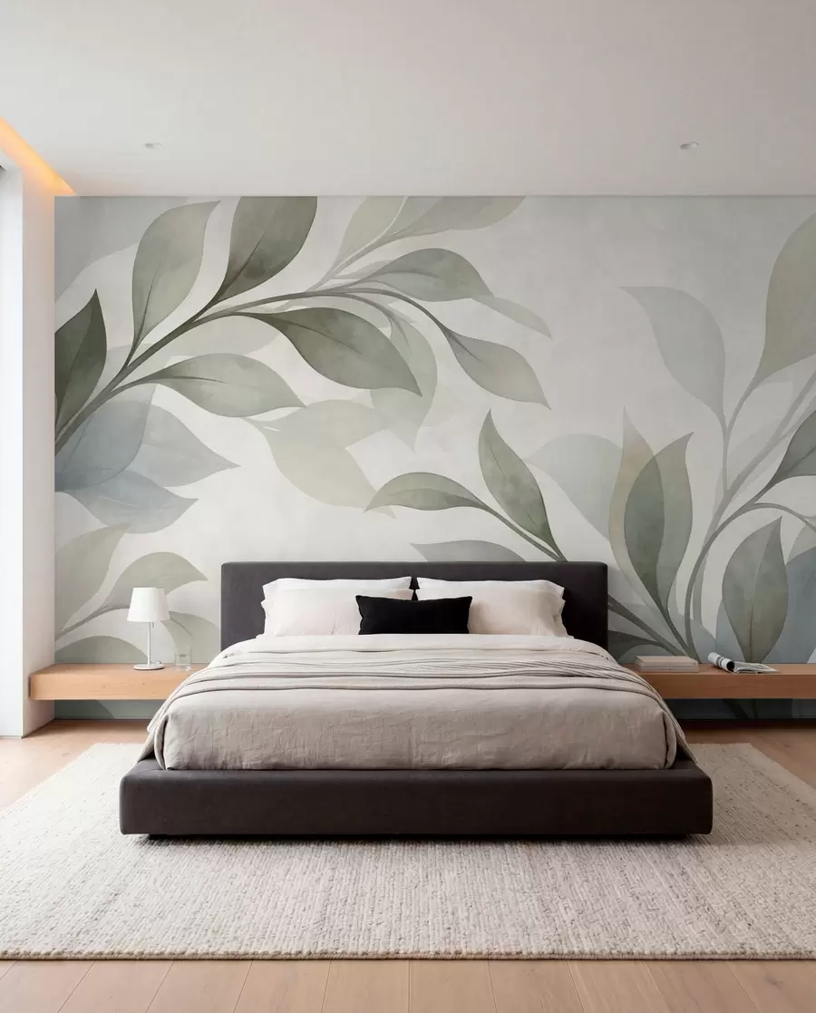 wall murals Large leaves in soft green and blue tones w05693