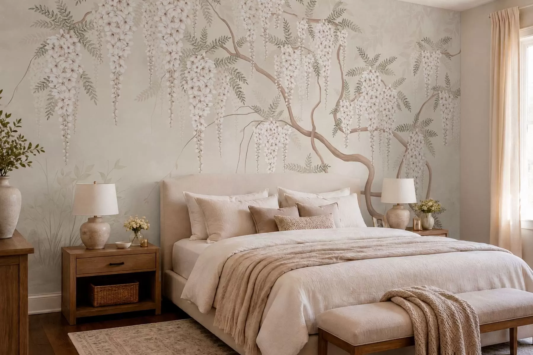 wall murals White cascading blossoms above calm water w05694
