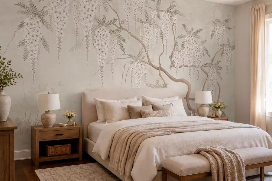 wall murals White cascading blossoms above calm water w05694