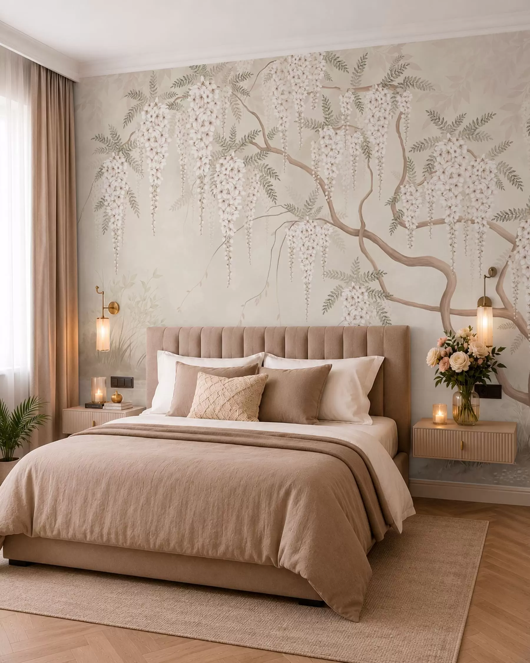 wall murals White cascading blossoms above calm water w05694