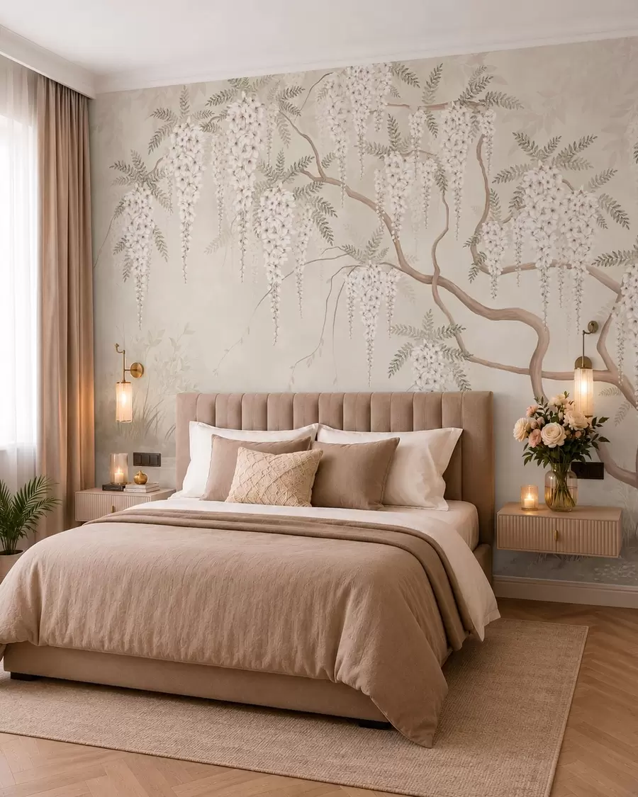 wall murals White cascading blossoms above calm water w05694