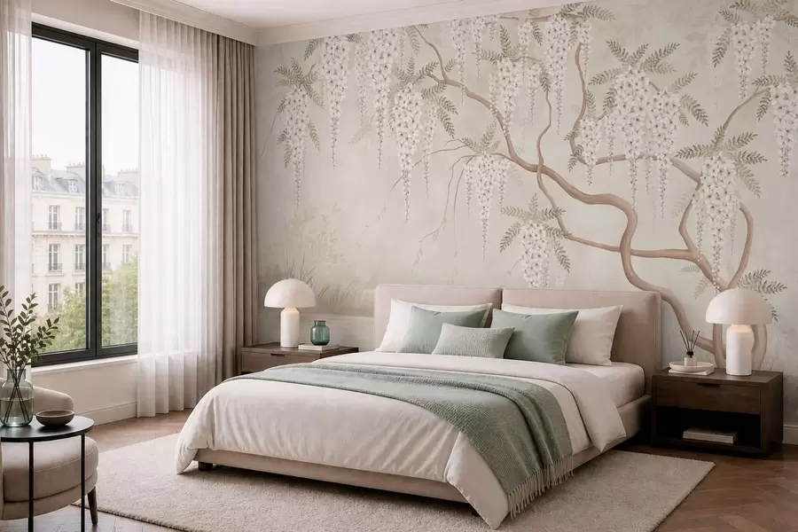 wall murals White cascading blossoms above calm water w05694