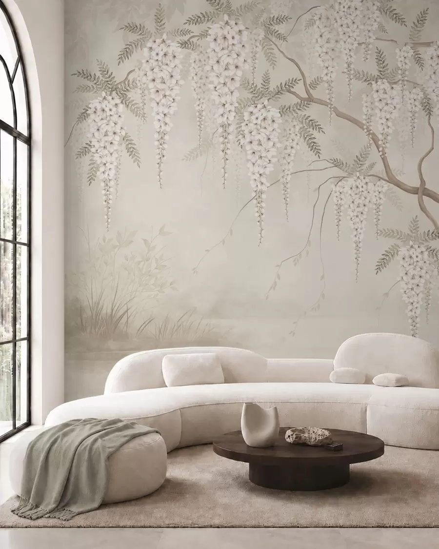 wall murals White cascading blossoms above calm water w05694