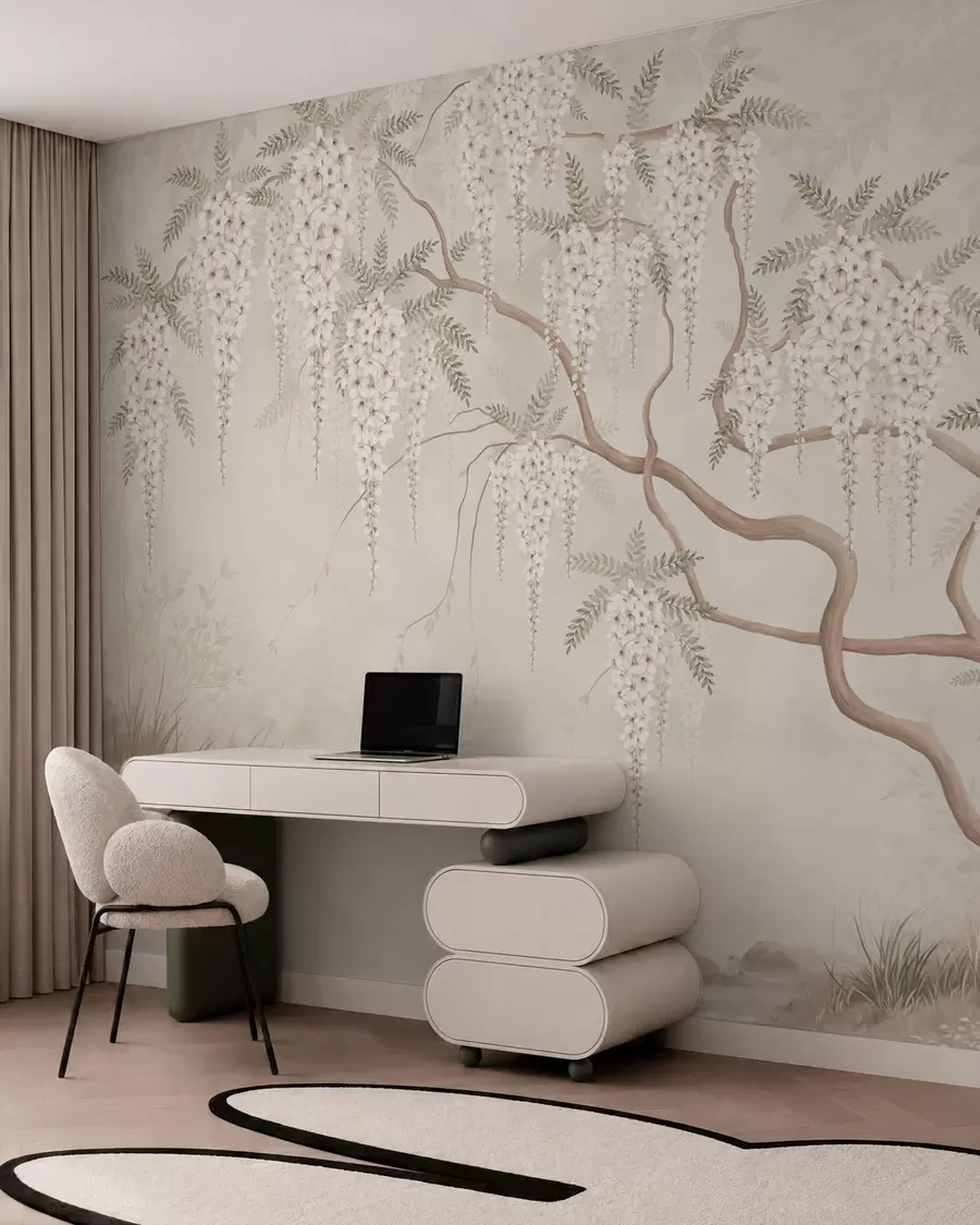 wall murals White cascading blossoms above calm water w05694