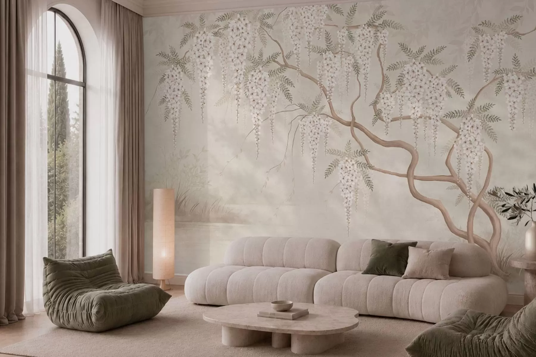 wall murals White cascading blossoms above calm water w05694