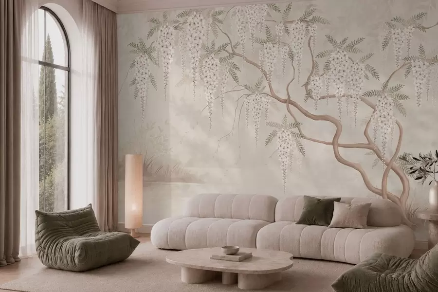 wall murals White cascading blossoms above calm water w05694