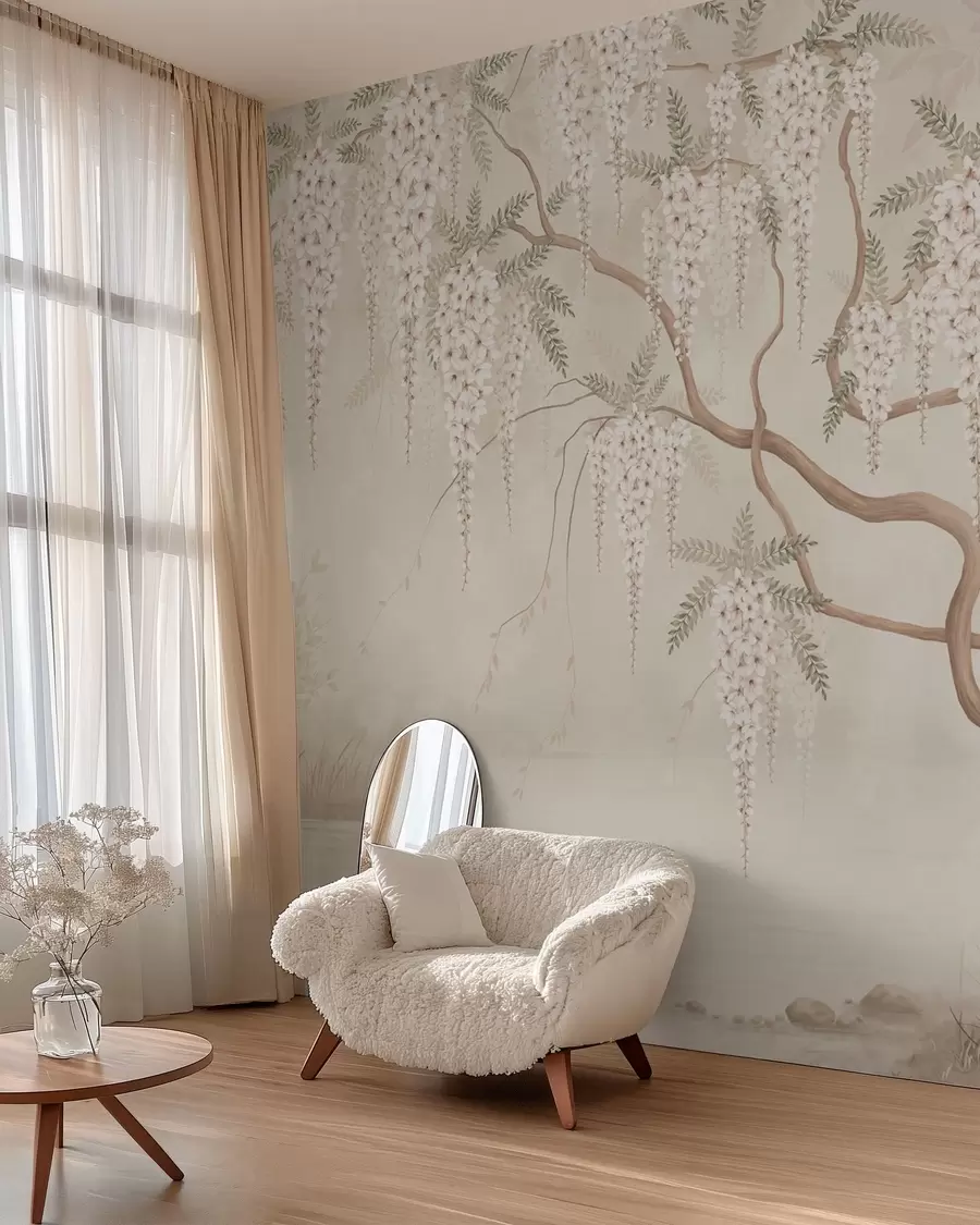 wall murals White cascading blossoms above calm water w05694