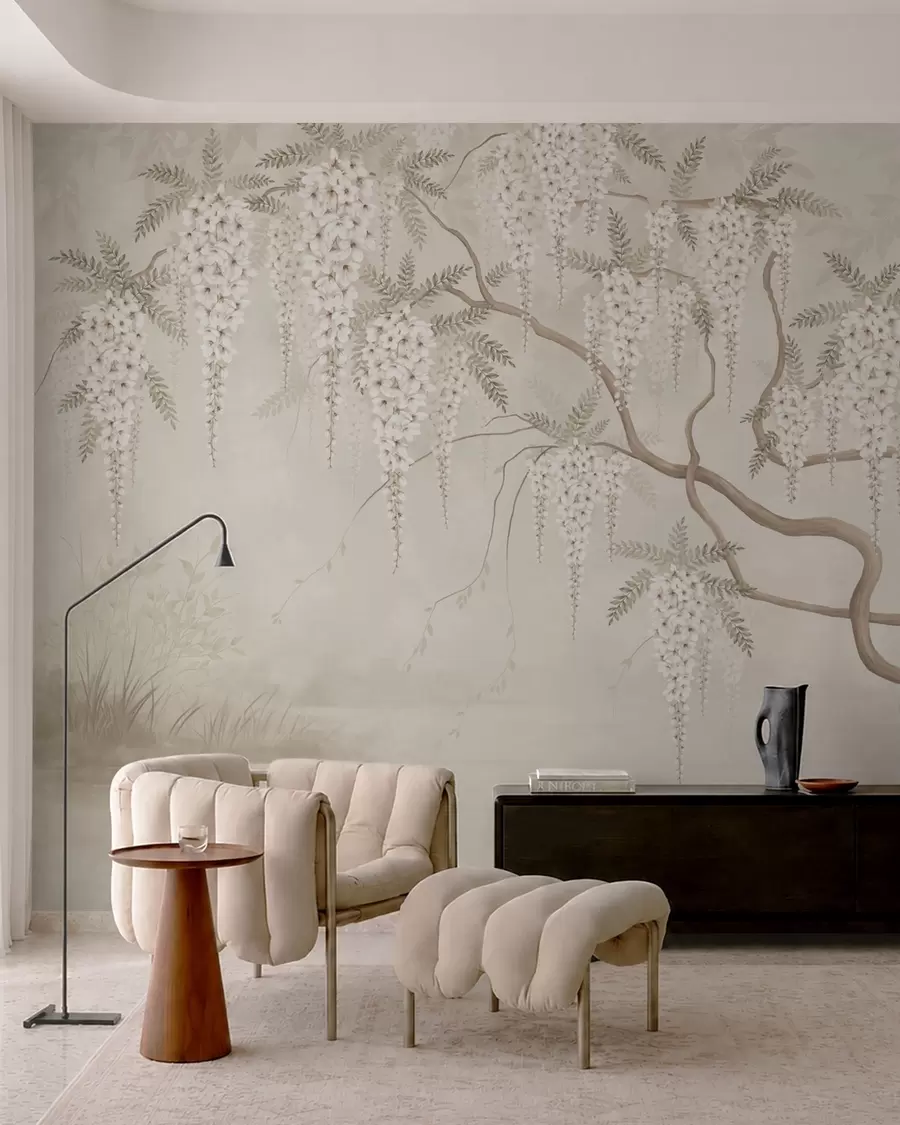 wall murals White cascading blossoms above calm water w05694