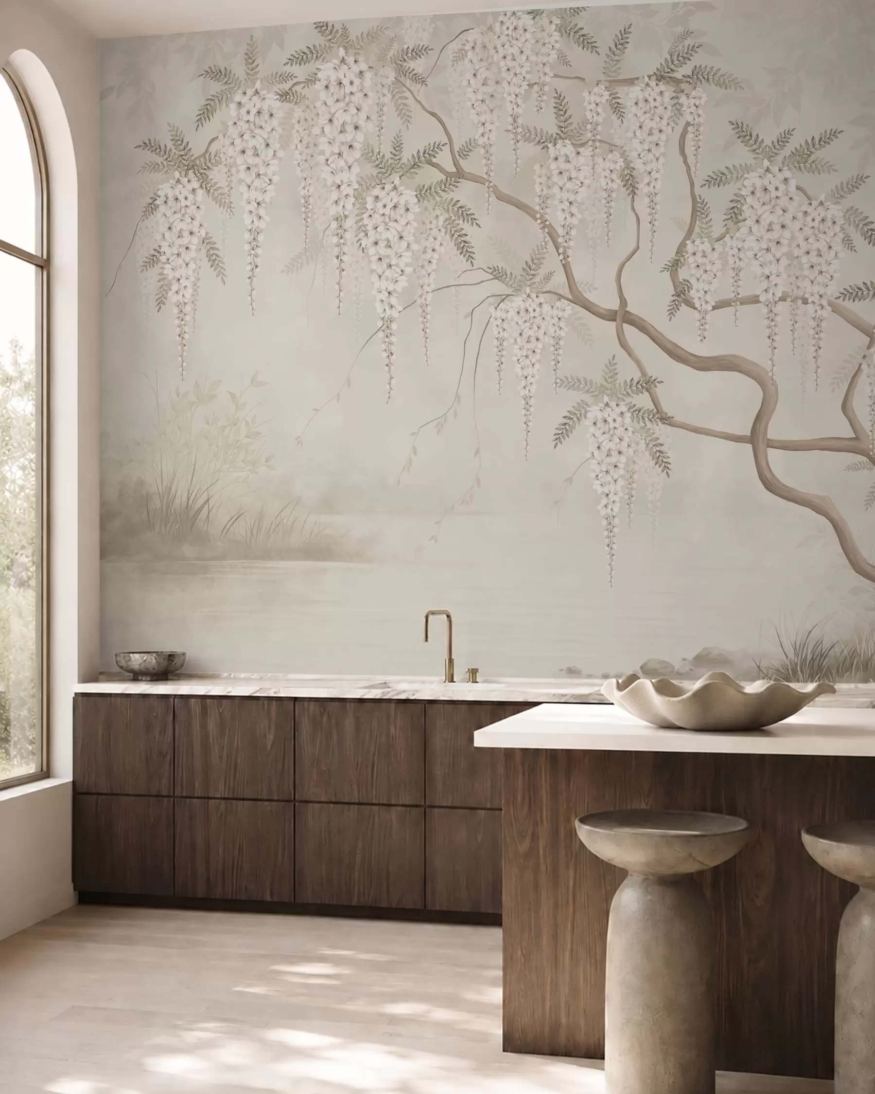 wall murals White cascading blossoms above calm water w05694