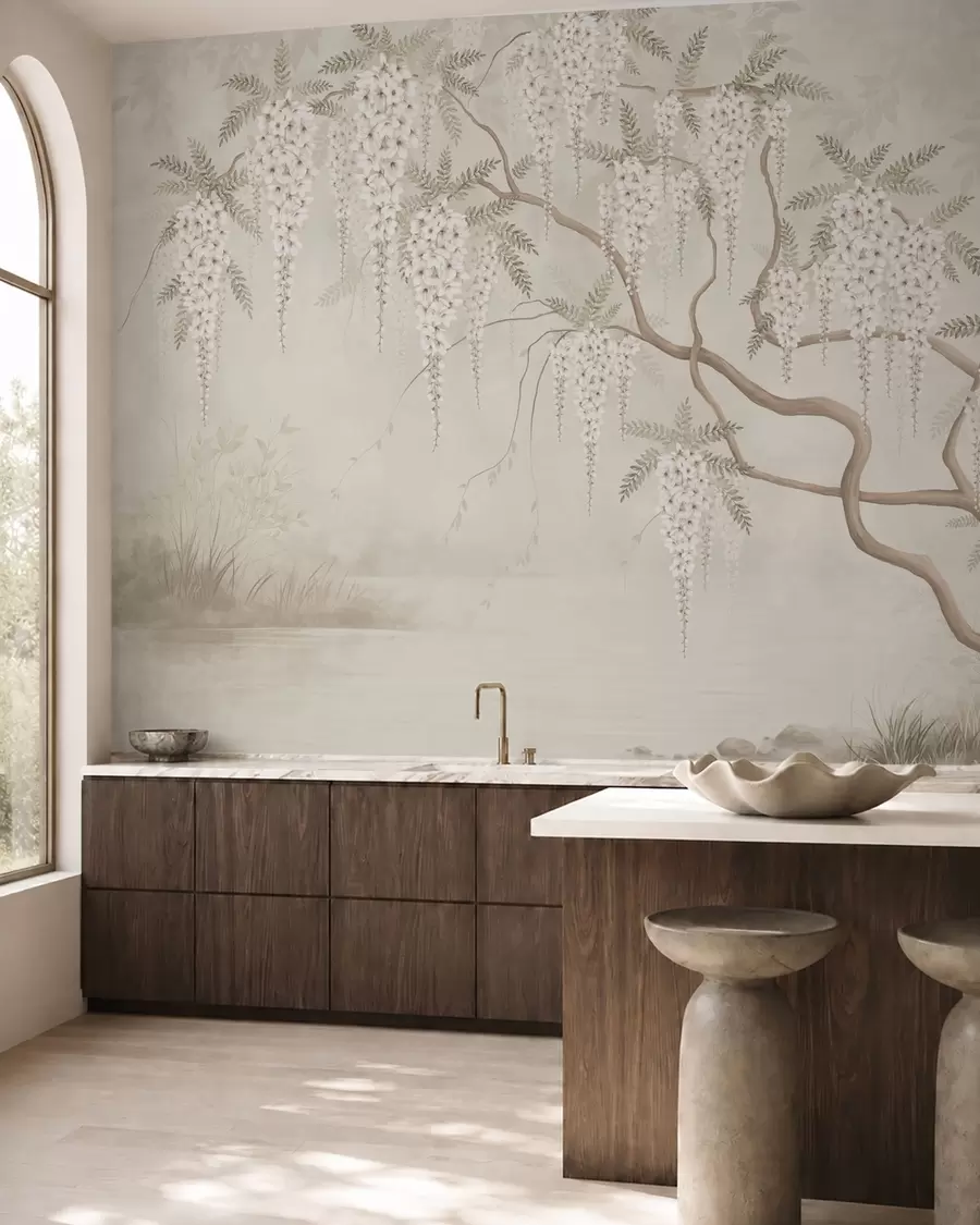 wall murals White cascading blossoms above calm water w05694