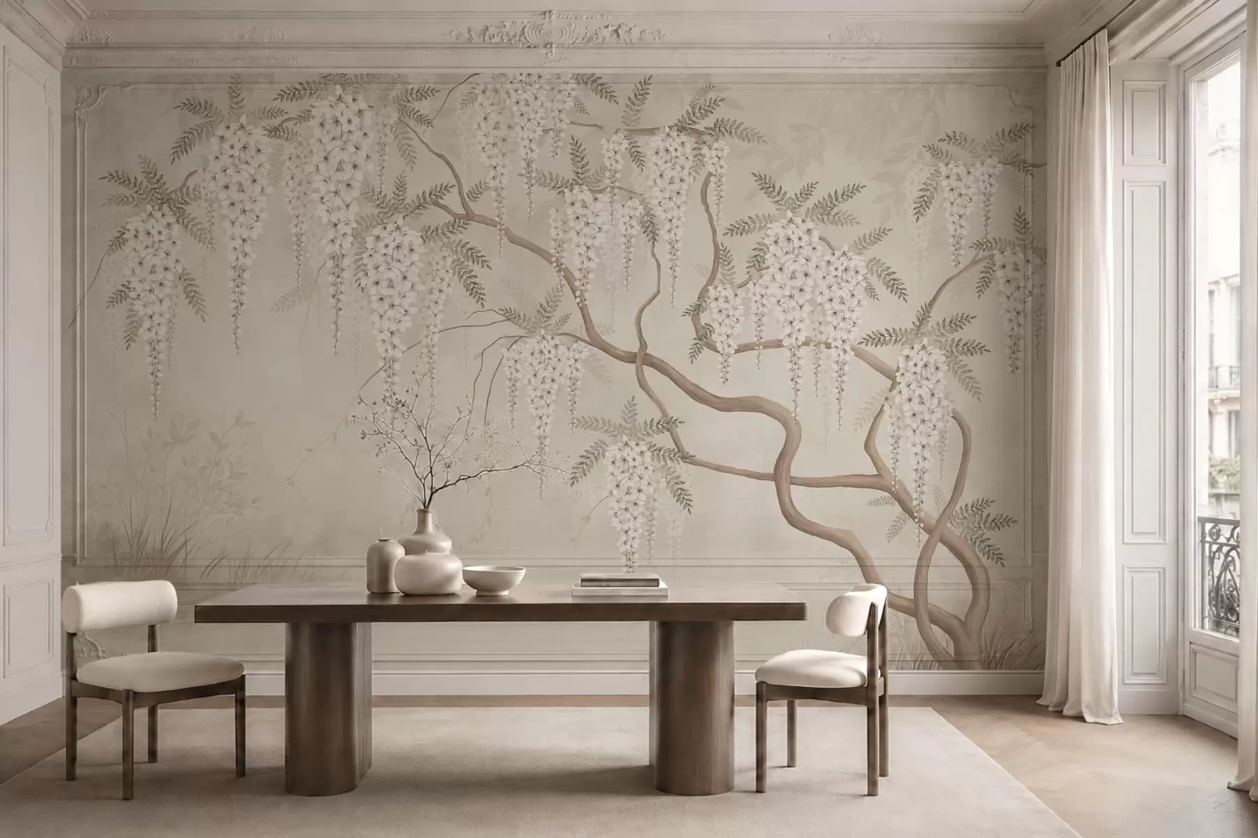 wall murals White cascading blossoms above calm water w05694