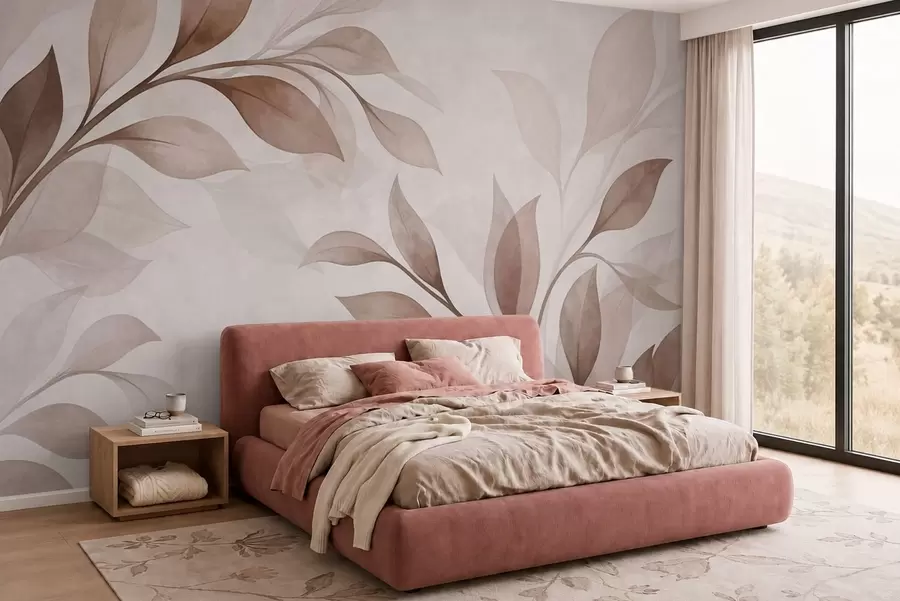 wall murals Large leaves in warm beige and brown tones w05693v1
