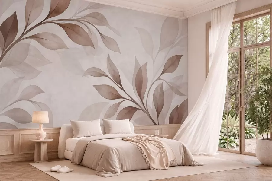 wall murals Large leaves in warm beige and brown tones w05693v1