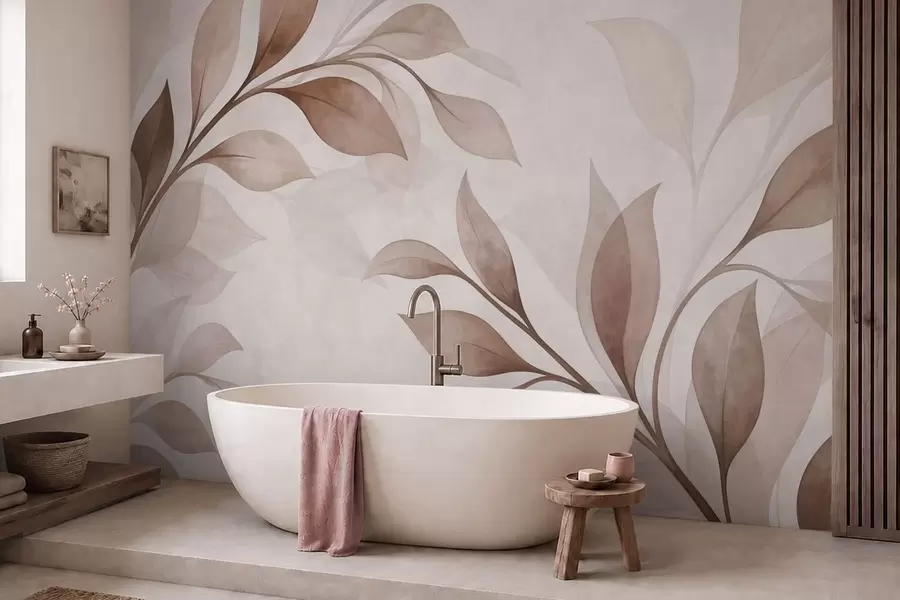 wall murals Large leaves in warm beige and brown tones w05693v1