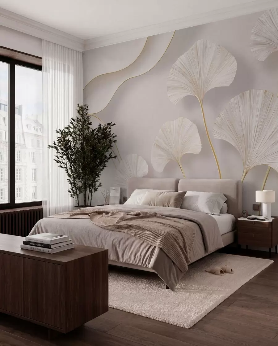 wall murals Full-bodied, light-colored ginkgo leaves with flowing lines against a marble background w05734