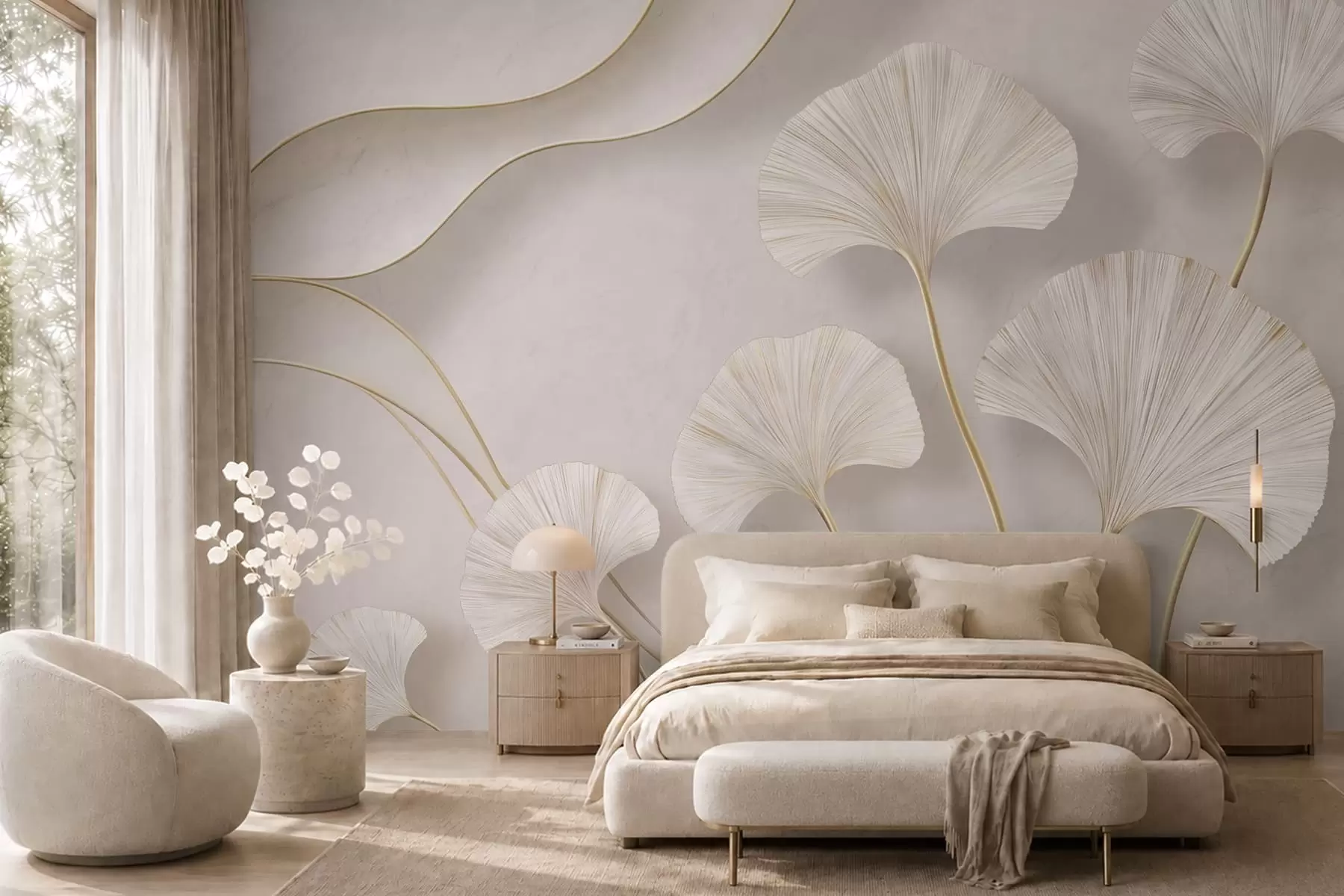 wall murals Full-bodied, light-colored ginkgo leaves with flowing lines against a marble background w05734