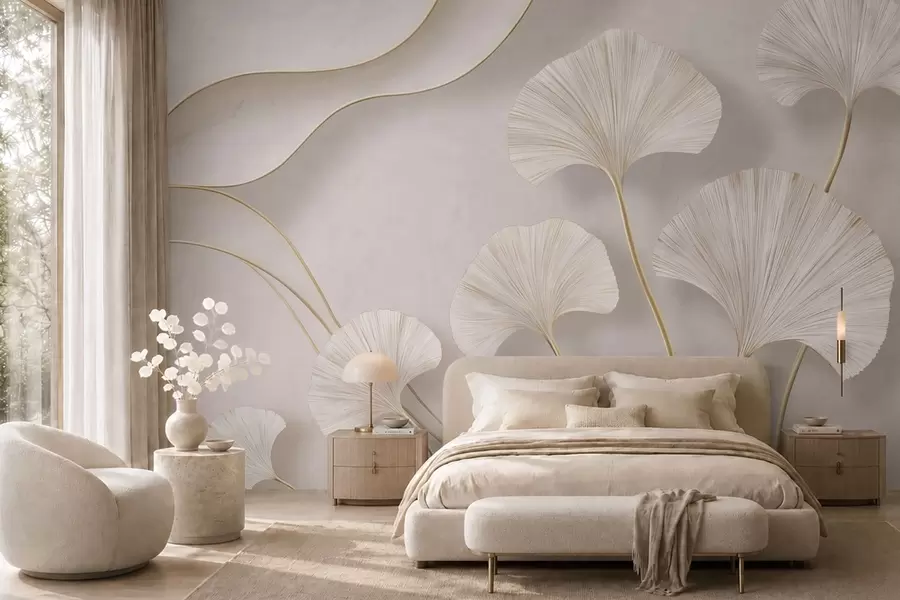 wall murals Full-bodied, light-colored ginkgo leaves with flowing lines against a marble background w05734