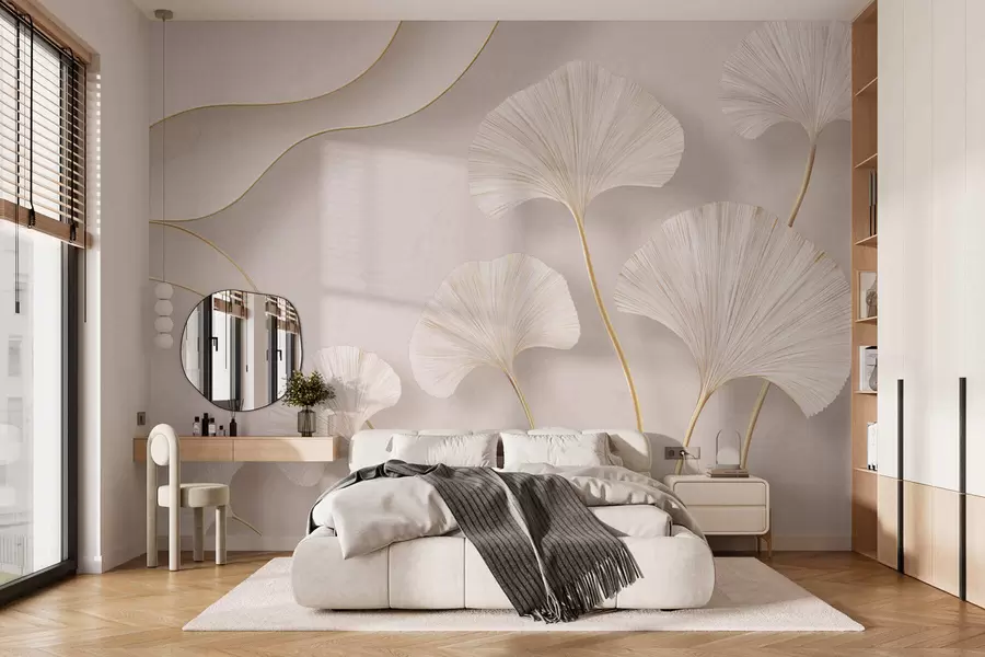 wall murals Full-bodied, light-colored ginkgo leaves with flowing lines against a marble background w05734