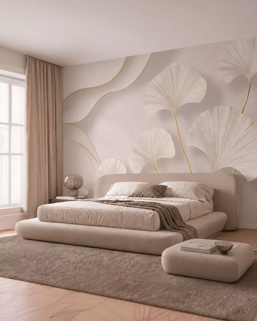 wall murals Full-bodied, light-colored ginkgo leaves with flowing lines against a marble background w05734