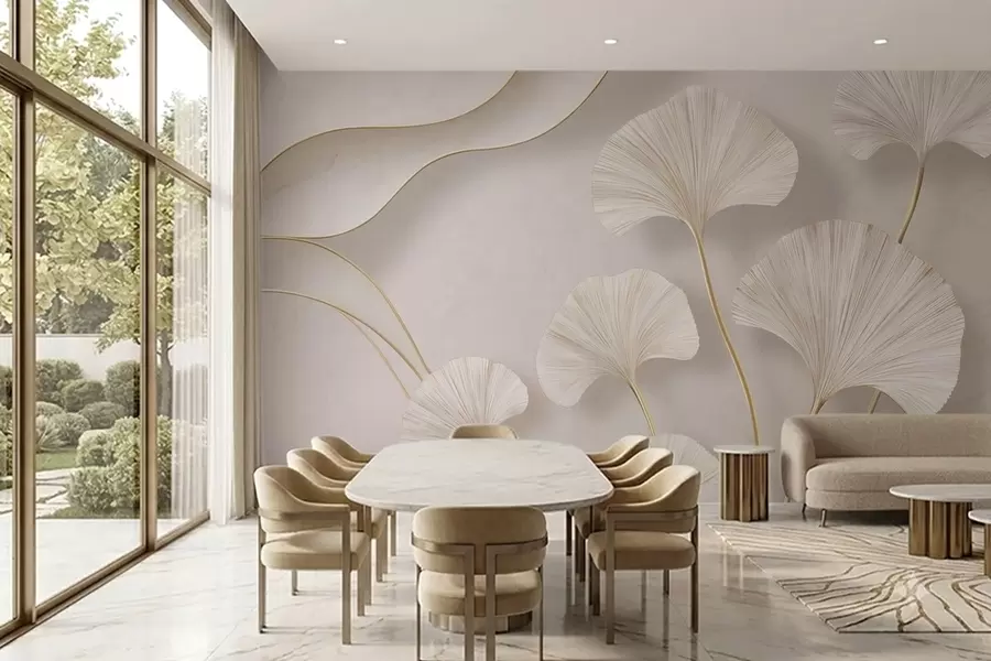 wall murals Full-bodied, light-colored ginkgo leaves with flowing lines against a marble background w05734